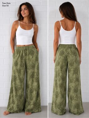 Tree Dots Green Boho palazzo Wide Leg Pants XS Elastic Waist Side Pockets